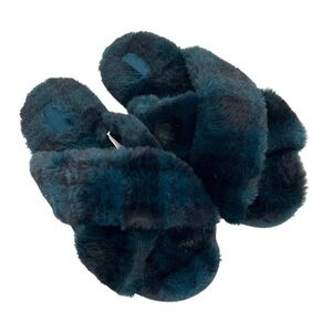 PINK Victoria's Secret Fuzzy‎ Fur Fluffy Teal Black Slide Slippers 9 10 L